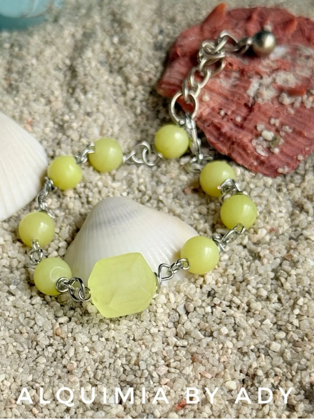 Pale Yellow JADE Beaded Bracelet with Faceted HEXAGON Center Bead
